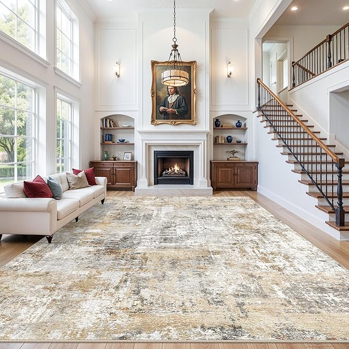12x15 Area Rug for Living Room – Large Modern Neutral Abstract Thin Washable Carpet, Soft Low Pile Non-Slip Stain-Resistant for Bedroom Dining Room Home Office (Gold Grey)