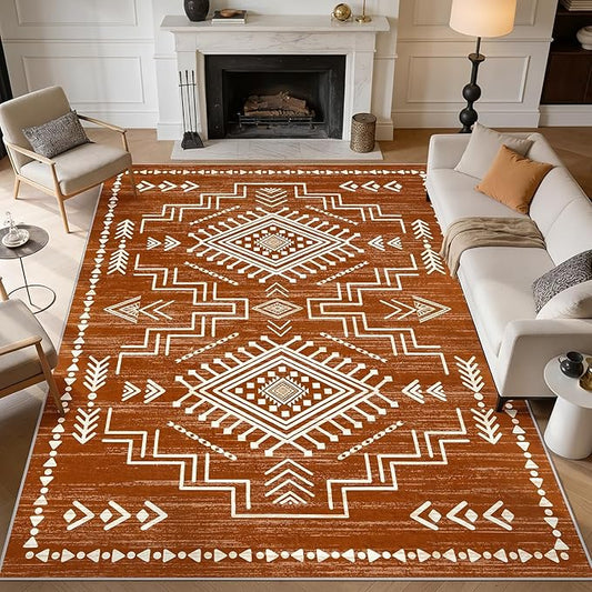 Joydeco Moroccan Washable 6x9 Living Room Rug Non Slip, Western Burnt Orange Large Area Rug for Bedroom Dining Room, Soft Stain Resistant Aztec Carpet Fall Rug for Guestroom Office Playroom