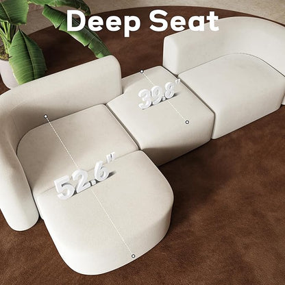 116" Modular Sectional Couches with Ottoman, Luxury Modern Curved Back Sofa, Minimalist Style Oversized 4 Seat Deep Comfy Convertible L Shape Boneless Couch for Living Room Office Studio Apartment