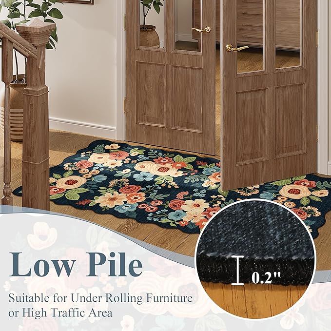 DUKINO Washable Runner Rug, 2x7 Lightweight Soft Floral Hallway Rug Runner with Low Pile Design, Non Shedding & Non Slip Backing Thin Indoor Carpet for Bedroom, Bathroom, Entrance, Kitchen, Navy Blue