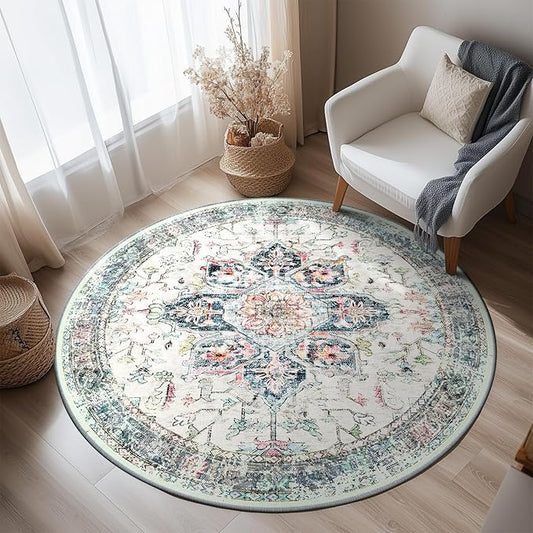 BESTSWEETIE 8ft Area Rug Washable Rugs for Living Room, No Pile Boho Carpet for Entryway Bedroom Dinning Room, Vintage Carpet Print Distressed Non-Slip, 96" Round, Multi Navy Teal