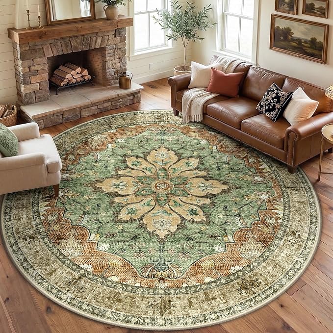 RELEANY Area Rugs Round 8ft Washable Non-Slip, Floral Vintage Distress Print Pattern Medallion Carpet for Living Room Bedroom Dining Room, Brick Red Rust Neutral Brown Burnt Orange Green