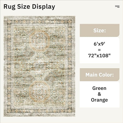 Soalmost 6x9 Area Rug for Living Room Washable 6x9 Non-Slip Modern Rugs for Bedroom Dinning Room Ultra-Thin Indoor Green Orange