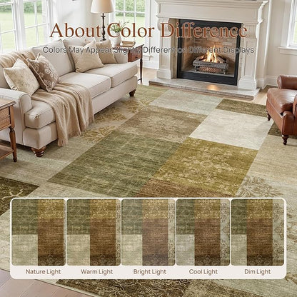 UERMEI 5x7 Area Rug Washable, Brown Modern Geometric Rugs for Living Room, Non-Slip Patchwork Carpet, Stain Resistant Low-Pile Foldable Rug for Bedroom Dining Room - Brown