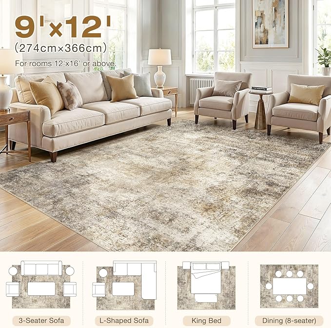 cotiled 9x12 Area Rugs for Living Room - Washable Neutral Abstract Carpet Non Slip Soft Rug for Bedroom & Dining Table, Robot Vacuum & Pet Friendly Floor Decor Brown