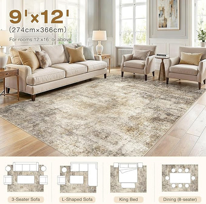 cotiled 9x12 Area Rugs for Living Room - Washable Neutral Abstract Carpet Non Slip Soft Rug for Bedroom & Dining Table, Robot Vacuum & Pet Friendly Floor Decor Brown
