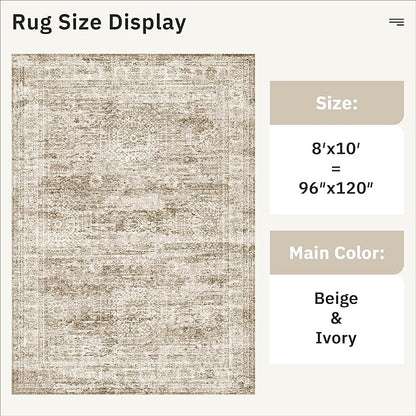 Soalmost Washable Area Rug 8x10, Large Soft Rugs for Living Room Vintage Area Rugs for Bedroom Dining Room Non-Slip Stain Resistant Brown Under Table Rug