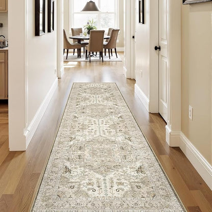 2x8 Washable Hallway Runner Rug - Kitchen Rugs with Non Slip Backing Vintage Soft Farmhouse Entryway Mat for Living Room Laundry Bedroom Bathroom Brown/Ivory