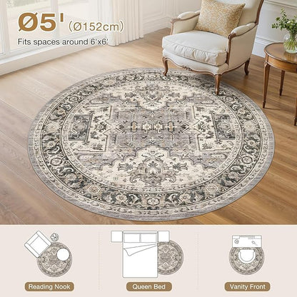 Area Rug for Living Room - 5x5 Soft Machine Washable Oriental Vintage Floral Distressed Large Indoor Floor Carpet for Bedroom Under Dining Table Home Office Decor - Brown