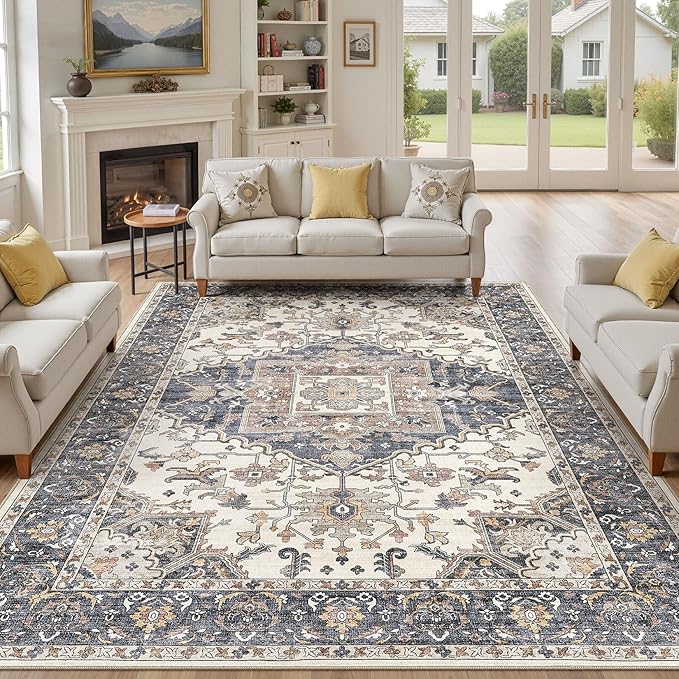9x12 Washable Area Rugs for Living Room: Non Slip Vintage Beige Blue Rug, Large Soft Stain Resistant Indoor Floor Carpets for Bedroom Dining Room Nursery Home Office Kid & Pet Friendly