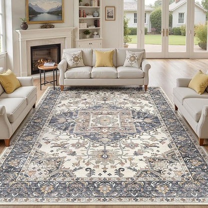 9x12 Washable Area Rugs for Living Room: Non Slip Vintage Beige Blue Rug, Large Soft Stain Resistant Indoor Floor Carpets for Bedroom Dining Room Nursery Home Office Kid & Pet Friendly