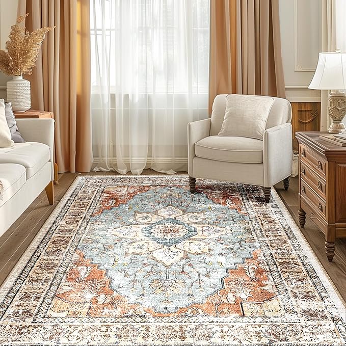 BESTSWEETIE 6x9 Area Rug Washable Rugs for Living Room, No Pile Boho Carpet for Entryway Bedroom Dinning Room, Vintage Carpet Print Distressed Non-Slip, 6 x 9 ft, Green Brick Rust Red