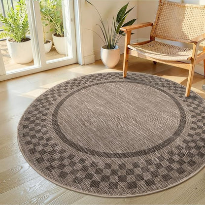 4ft Washable Round Rug for Entryway Modern Checkered Bedroom Circle Rug Non Slip Soft Dining Room Round Throw Carpet Small Stain Resistant Border Round Rugs for Living Room Kitchen Bathroom, Brown