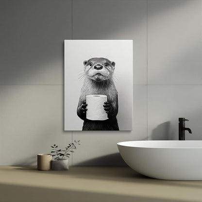 Funny Bathroom Wall Art Canvas Framed Print Black and White Otter Holding Toilet Paper Whimsical Animal Wall Decor Artwork for Bathroom Powder Room Kids Bathroom 12x16 Inches