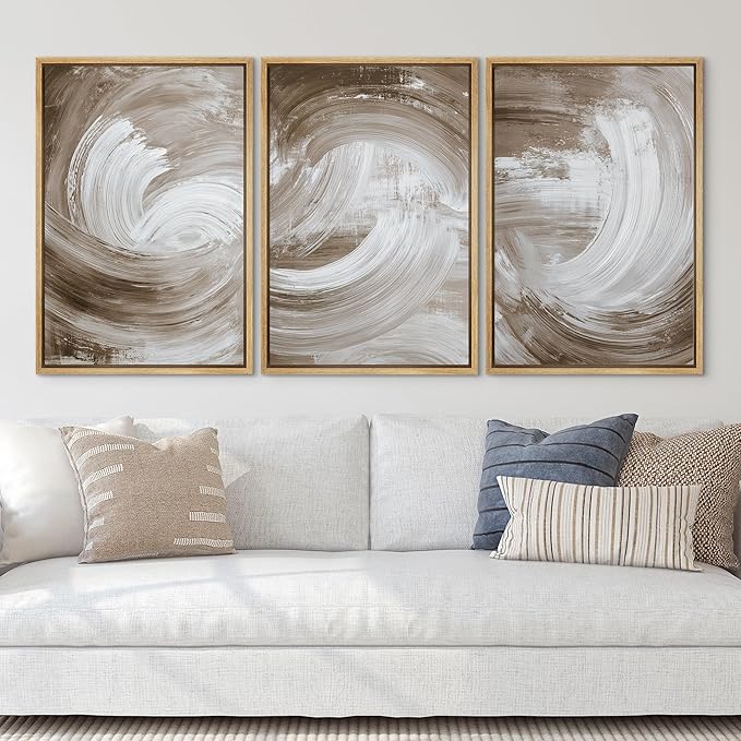SIGNLEADER Framed Canvas Print Wall Art Set Warm Brown and White Swirl Abstract Illustrations Minimal Decorative Bohemian Nordic for Living Room, Bedroom, Office - 24"x36"x3 NATURAL