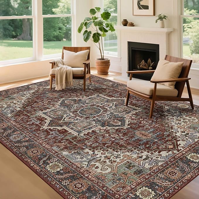 Kokia 10x14 Washable Area Rugs Maroon with Vintage Orient Design, Soft Rug for Living Room or Bedroom, Non-Slip Low Pile Stain Resistance Features, Distressed Medallion Pattern