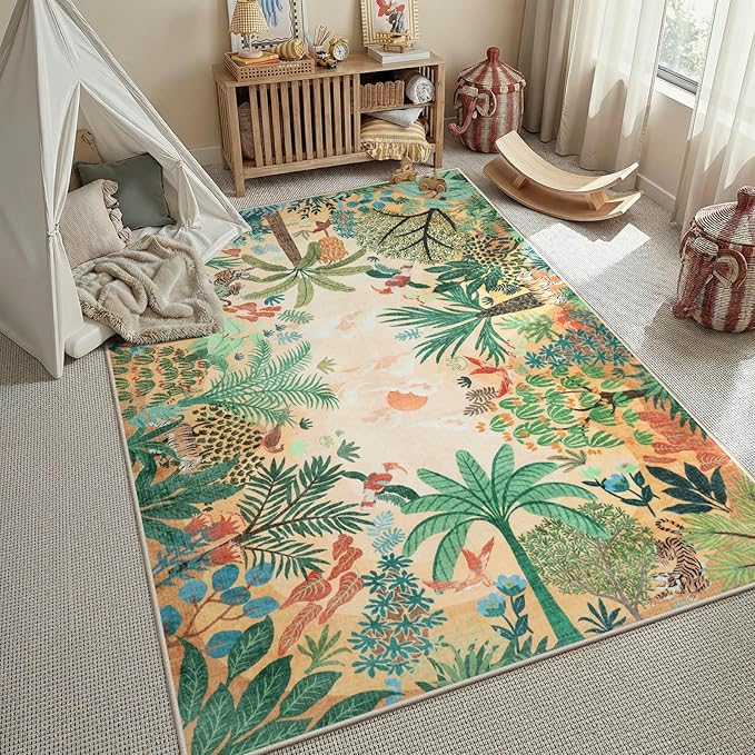 LIVEBOX Boho Jungle Animal Print 5 x 7 Area Rugs for Living Room, Soft Yellow Rug for Bedroom, Non-Slip Machine Washable Rugs for Dining Room Office, Kids Rugs for Playroom Sun Rug for Nursery Room