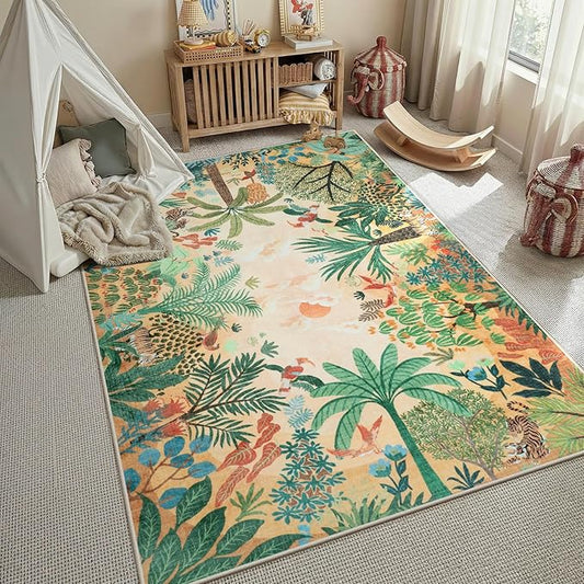 LIVEBOX Boho Jungle Animal Print 5 x 7 Area Rugs for Living Room, Soft Yellow Rug for Bedroom, Non-Slip Machine Washable Rugs for Dining Room Office, Kids Rugs for Playroom Sun Rug for Nursery Room