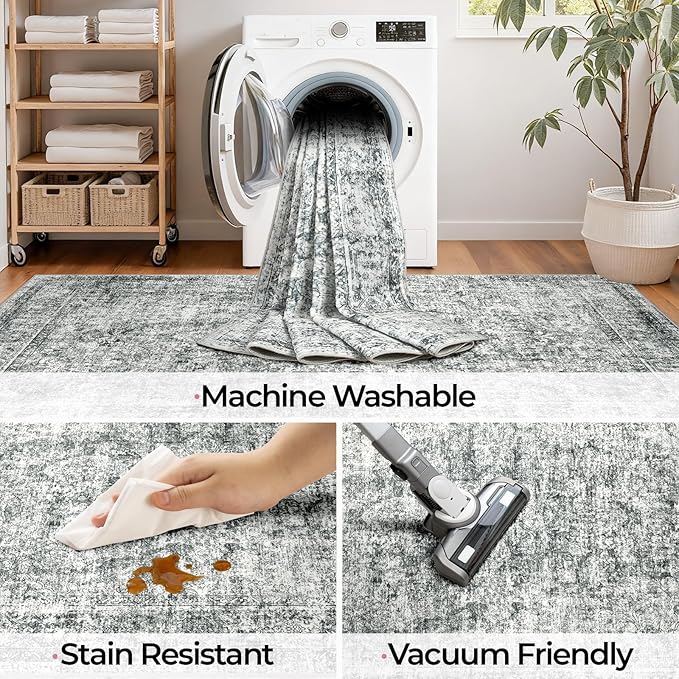 CAPALOCA Machine Washable Rugs Nursery Rug Sq8ft Cute Girl Non Slip Low Pile Water Repellent Soft Print Pattern for Bedroom Indoor Decor Kids Playroom Grey
