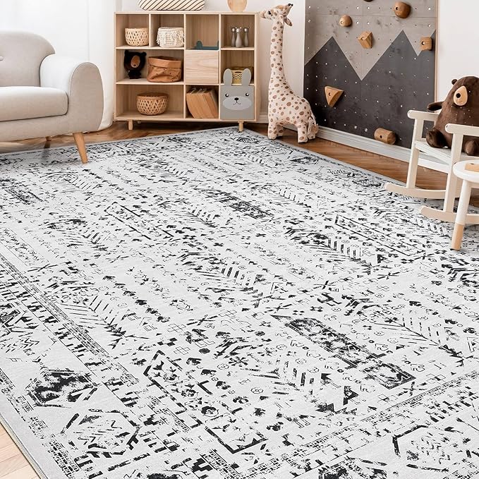 Area Rug for Living Room - 7x9 Soft Washable Oriental Vintage Floral Distressed Large Carpet - Fade Stain Resistant Non Slip Rugs for Bedroom Dining Room Nursery Dorm Office Home Decor - White Black