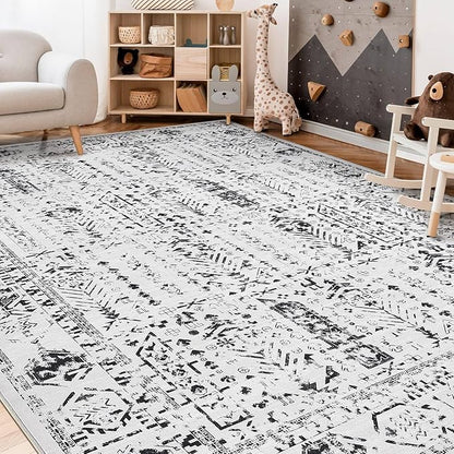 Area Rug for Living Room - 7x9 Soft Washable Oriental Vintage Floral Distressed Large Carpet - Fade Stain Resistant Non Slip Rugs for Bedroom Dining Room Nursery Dorm Office Home Decor - White Black