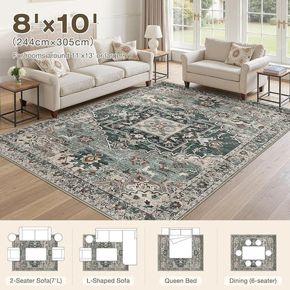 8x10 Washable Area Rugs for Living Room: Non Slip Vintage Green Rug, Large Soft Stain Resistant Indoor Floor Carpets for Bedroom Dining Room Nursery Home Office Kid & Pet Friendly