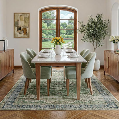 FMFUNCTEX 5x7 Green Washable Area Rug Vintage Distressed Oriental Non Slip Low Pile Neutral Indoor Carpet for Living Room Bedroom Soft Retro Floral Thin Large Rug for Dining Nursery Office Dorm