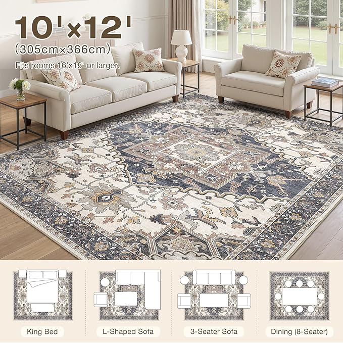 10x12 Washable Area Rugs for Living Room: Non Slip Vintage Beige Blue Rug, Large Soft Stain Resistant Indoor Floor Carpets for Bedroom Dining Room Nursery Home Office Kid & Pet Friendly