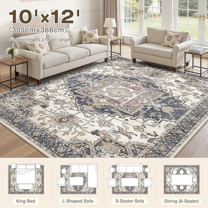 10x12 Washable Area Rugs for Living Room: Non Slip Vintage Beige Blue Rug, Large Soft Stain Resistant Indoor Floor Carpets for Bedroom Dining Room Nursery Home Office Kid & Pet Friendly