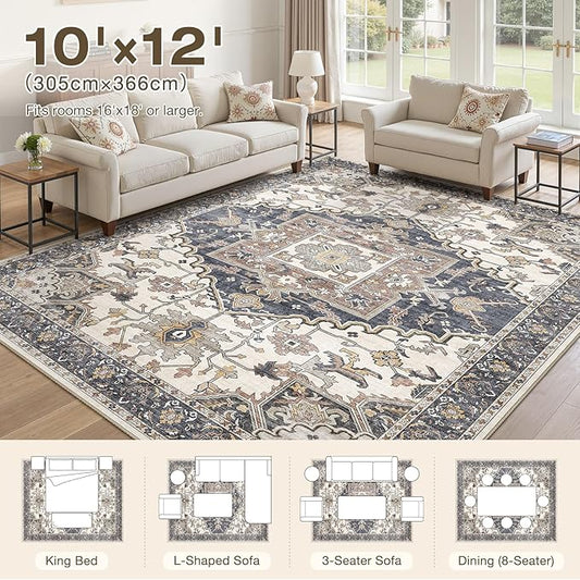 10x12 Washable Area Rugs for Living Room: Non Slip Vintage Beige Blue Rug, Large Soft Stain Resistant Indoor Floor Carpets for Bedroom Dining Room Nursery Home Office Kid & Pet Friendly