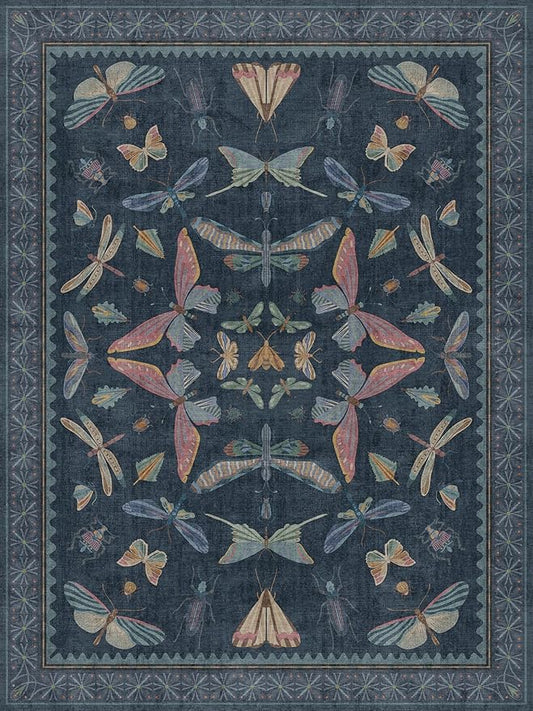 Navy Blue 6x8 Boho Rug for Living Room, Stain Resistant Non Slip Area Rug for Dining Room & Bedroom, Dark Vintage Insect Carpet, Soft Low Pile