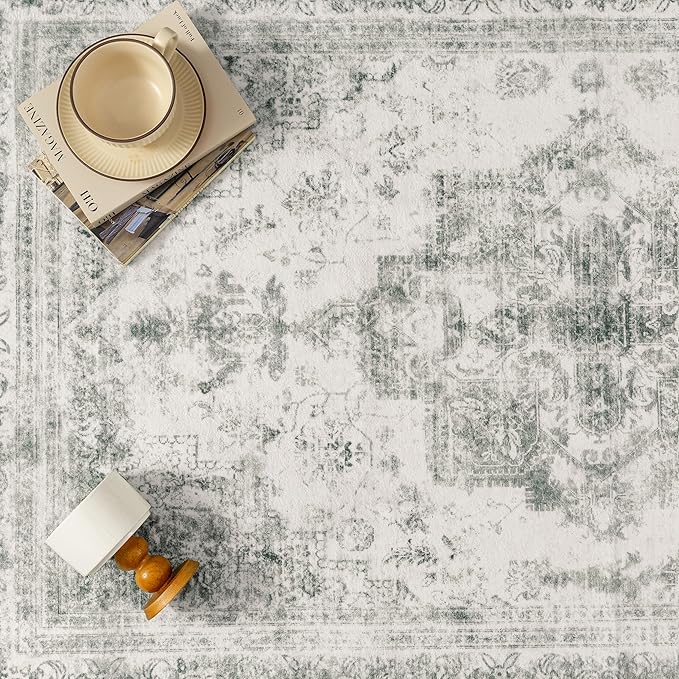 PureCozy Washable Rug 9x12 Area Rug for Living Room Gray Vintage Boho Medallion Large Grey Distressed Retro Carpet Non Slip Indoor Low Pile Small Soft Bedroom Dining Room Home Office