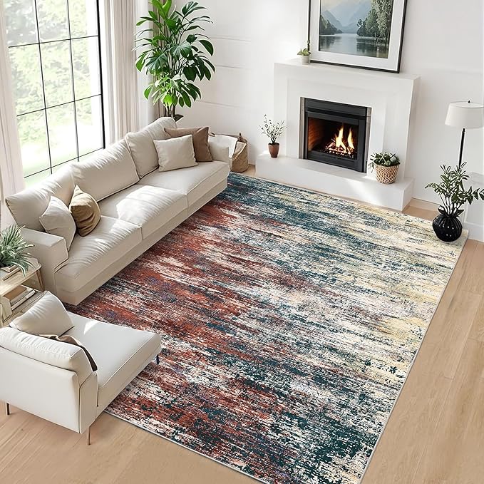 ROYHOME Washable Rug 5x7 Abstract Area Rug for Living Room, Non Slip Foldable Soft Rugs for Bedroom, Stain Resistant Rugs Modern Fuzzy Rug, Indoor Floor Carpet for Entryway Home, Red Multi