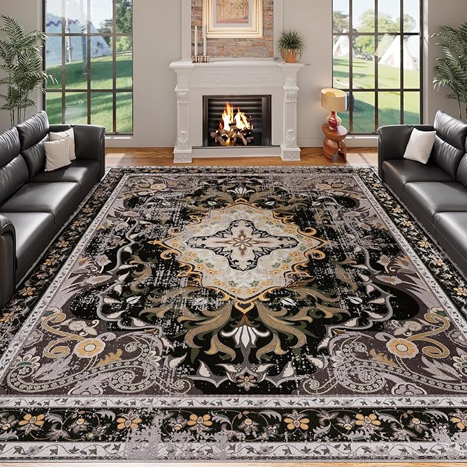 RUSHUFFY 6x9 Washable Area Rugs for Living Room, Non-Slip Boho Vintage Traditional Medallion Print Pattern Carpet for Bedroom Dining Room Farmhouse Nursery Room, Black & Gold