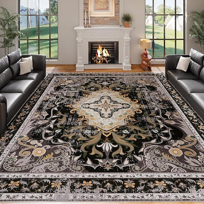 RUSHUFFY 6x9 Washable Area Rugs for Living Room, Non-Slip Boho Vintage Traditional Medallion Print Pattern Carpet for Bedroom Dining Room Farmhouse Nursery Room, Black & Gold