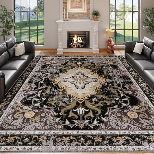 RUSHUFFY 6x9 Washable Area Rugs for Living Room, Non-Slip Boho Vintage Traditional Medallion Print Pattern Carpet for Bedroom Dining Room Farmhouse Nursery Room, Black & Gold