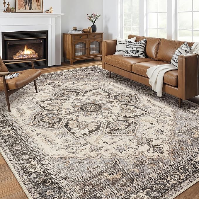 Area Rug for Living Room - 10x14 Soft Machine Washable Oriental Vintage Floral Distressed Large Indoor Floor Carpet for Bedroom Under Dining Table Home Office Decor - Grey Brown