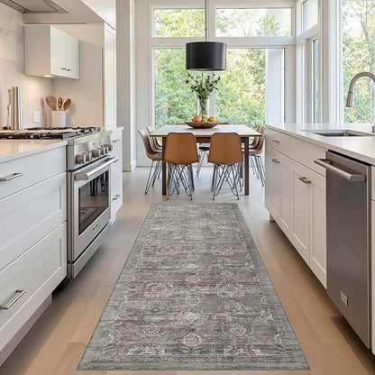 Rugxara 2x6 Runner Rug, Washable Kitchen Rugs, Grey Boho Vintage Floral Hallway Runner, Non Slip Low Pile Area Rug Carpet for Indoor Hallway, Kitchen, Laundry Room and Bathroom(Taupe/Grey 2x6ft)