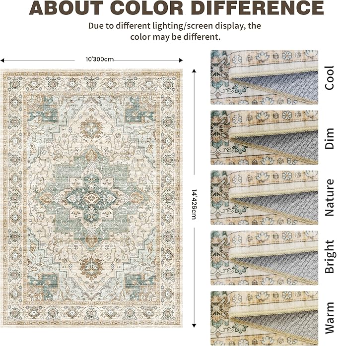 10x14 Living Room Rug - Large Washable Non Slip Vintage Rugs Low Pile Stain Resistant Distressed Carpet for Bedroom Dining Room Home Office 10'x14' Green/Beige