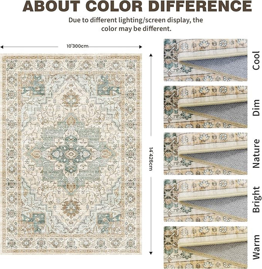 10x14 Living Room Rug - Large Washable Non Slip Vintage Rugs Low Pile Stain Resistant Distressed Carpet for Bedroom Dining Room Home Office 10'x14' Green/Beige