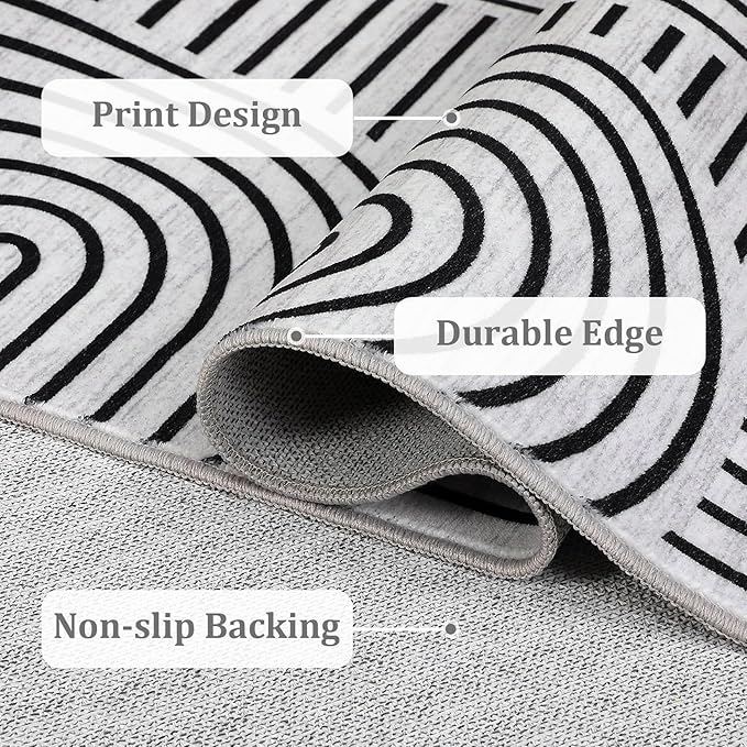Washable Rug 2x3 Area Rugs for Entryway, Abstract Rug for Bedroom, Soft Rainbow Non Slip Small Area Rug with Rubber Back, Low Pile Stain Resistant Boho Geometric Carpet for Dining Room, Blackwhite