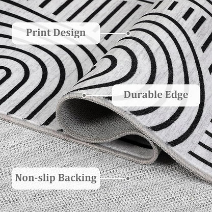Washable Rug 3x5 Area Rugs for Living Room, Abstract Rug for Bedroom, Soft Rainbow Non Slip Throw Rugs with Rubber Back, Low Pile Stain Resistant Boho Geometric Carpet for Dining Room, Blackwhite