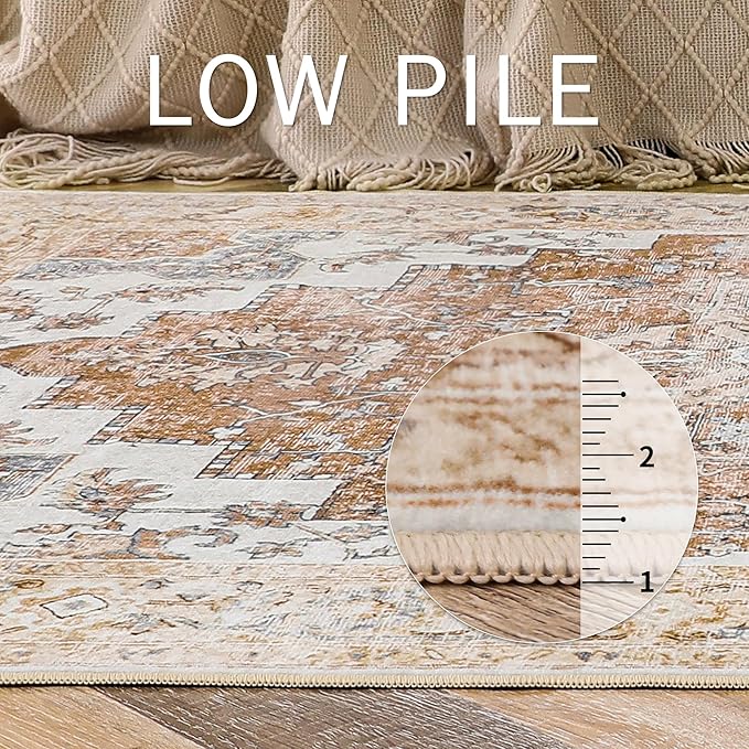 GENIMO 6x9 Area Rugs for Living Room, Machine Washable Non Slip Rugs, Low Pile Lightweight Vintage Print Rug for Bedroom, Dining Room, Home Office, Orange&Beige
