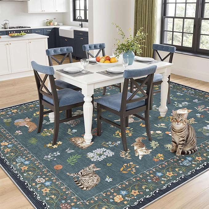 Soalmost Cat 6x9 Area Rugs for Living Room, Machine Washable Animal Floral Vintage Rug Non-Slip Low Pile Soft Throw Rugs for Bedroom Dining Room Kitchen Nursery Playroom (6 x 9,Navy Blue)