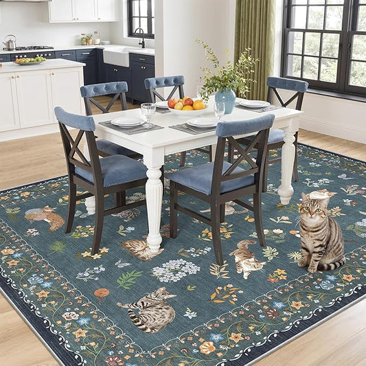 Soalmost Cat 6x9 Area Rugs for Living Room, Machine Washable Animal Floral Vintage Rug Non-Slip Low Pile Soft Throw Rugs for Bedroom Dining Room Kitchen Nursery Playroom (6 x 9,Navy Blue)