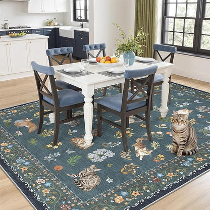 Soalmost Cat 5x7 Area Rugs for Living Room, Machine Washable Animal Floral Vintage Rug Non-Slip Low Pile Soft Throw Rugs for Kitchen Dining Room Bedroom Nursery Playroom (5 x 7,Navy Blue)