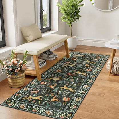 DUKINO 2x5 Rug for Hallway, Washable Kitchen Runner Rug with Non Slip Backing, Soft Low Pile Vintage Animal Runner for Bedroom, Kitchen, Hallway, Entryway, Laundry, Black