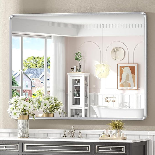 48x36 Inch Silver Bathroom Mirror for Wall, Silver Metal Framed Bathroom Vanity Mirror, Modern Rounded Rectangle Mirror, Shatterproof, Anti-Rust (Horizontal/Vertical)