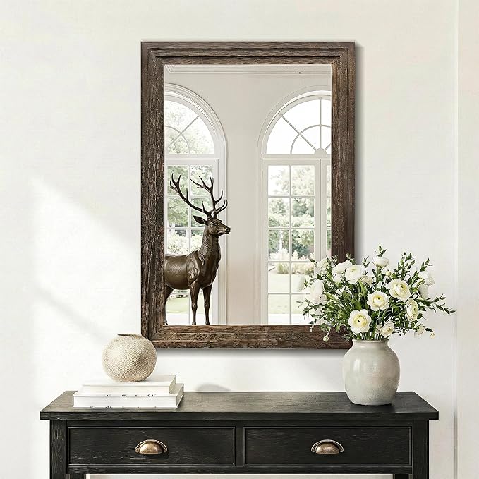 Wood Framed Mirrors for Wall, Brown Bathroom Vanity Mirror for Over Sink 20 x 30, Rustic Wall Mirror for Bathroom Sink Hallway Entryway Bedroom Living Room Farmhouse Boho Style
