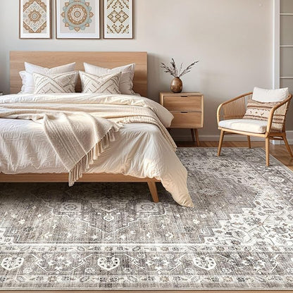 7x10 Area Rug Living Room: Washable Boho Large Neutral Vintage Soft Rug Stain Resistant Farmhouse Non-Slip Indoor Rustic Floor Carpet for Bedroom Nursery Kids Playroom Office Dining Room- Dark Brown